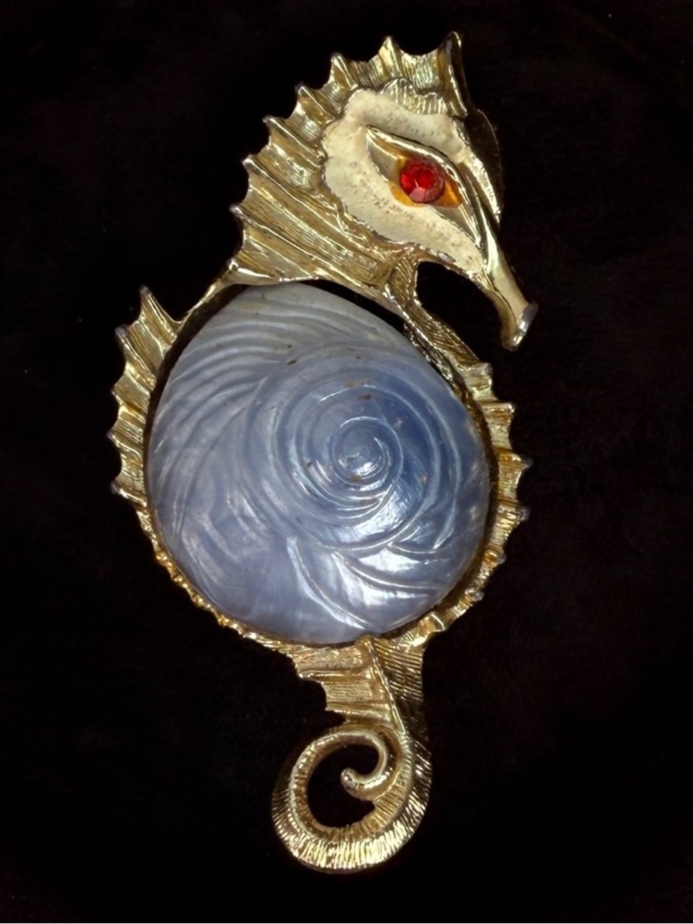 Vintage Goldtone Seahorse Brooch with Blue Swirl